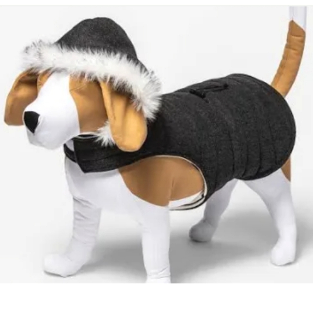 Puffer Vest Cinched Waist Fur Trimmed Hood Gray Tweed Boots & Barkley Dog
